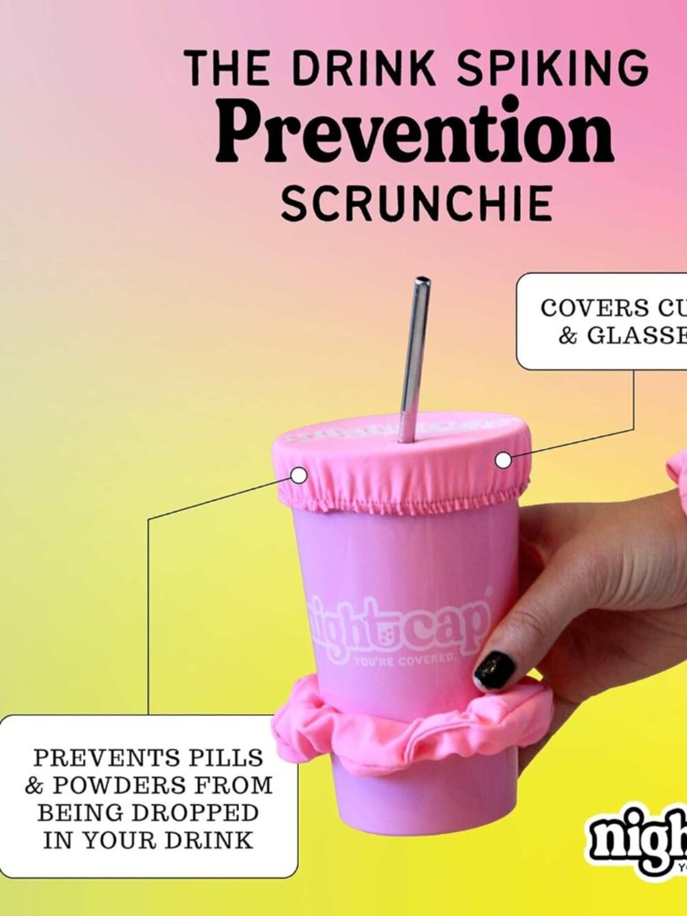 nightcapit scrunchie drink cover - drink spiking protection - Pink New in Bag